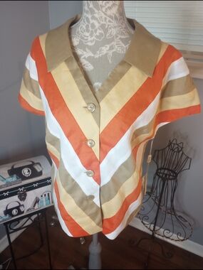 Linen  Chevron Short-Sleeve Button Front Top And Pants in Orange, Cream & Tan